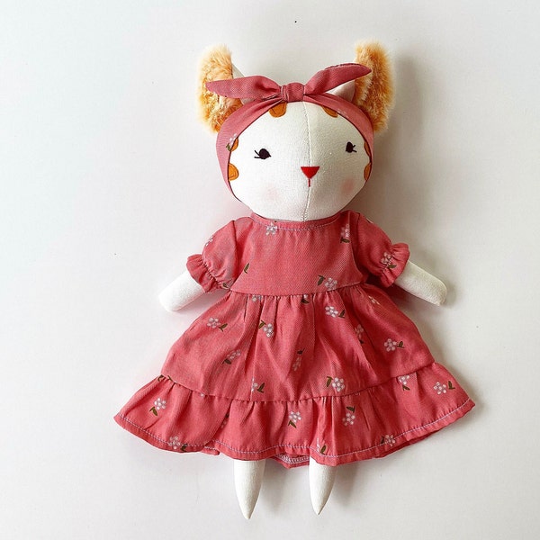 Kitty Doll With Pink Sundress, Soft Doll Linen Fabric, Stuffed Animal Toys And Clothes, Gift for Christmas, Christening, Birthday, Nursery