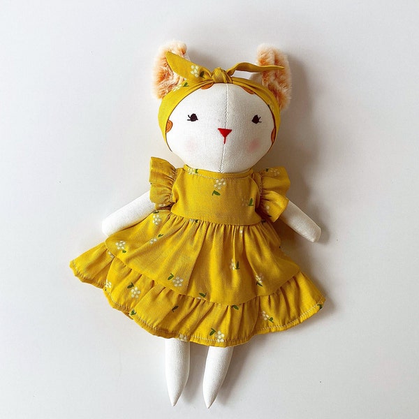 Cute Cat Doll, Kitty Doll With Yellow Sundress, Soft Doll Nature Linen Fabric, Handmade Stuffed Toy, Unique Art Doll, Doll Clothes For Girls