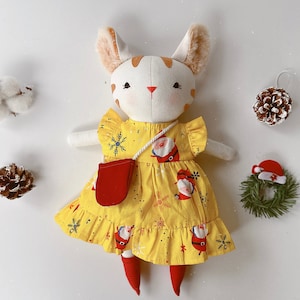 CHRISTMAS Cat Doll,  Handmade Kitty Fabric Doll, Linen Doll, Stuffed Heirloom Doll, Rag Doll, Gifts Birthday For Children, DRESS Cat Doll
