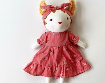 Kitty Doll With Pink Sundress, Soft Doll Linen Fabric, Stuffed Animal Toys And Clothes, Gift for Christmas, Christening, Birthday, Nursery