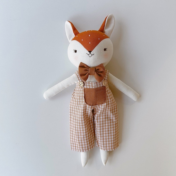 Fox Doll Animal Cloth Doll, Handmade Linen Doll, Stuffed Animal Toy For Woodland Nursery, Baby Shower, Fox Sewing Doll