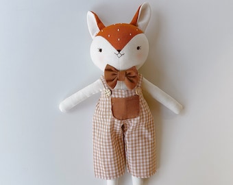 Fox Doll Animal Cloth Doll, Handmade Linen Doll, Stuffed Animal Toy For Woodland Nursery, Baby Shower, Fox Sewing Doll