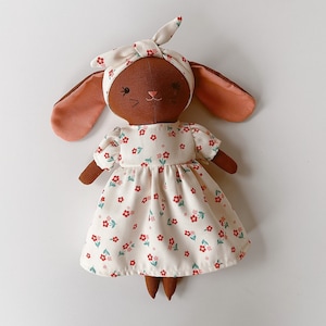 BROWN BUNNY DOLL, Handmade Fabric Doll, Sleeping Bunny Linen Doll With Flower Dress, Stuffed Heirloom Doll, Bunny Doll 33cm (13 inches)