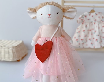 Handmade Sheep Doll, Lamb Soft Toy Linen Fabric Doll, Heirloom Handmade Doll, Rag Doll, Valentines Day Gift For Kids Birthday Nursery Gift