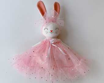 BEST PRICE-Handmade Bunny Doll, Fabric Doll, Heirloom Doll, Rabbit Doll Princess Pink Dress, Custom Doll, Rag Doll, Personalized Doll