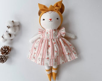 SPECIAL PRICE Sleeping Cat Doll With Clothes, Handmade Fabric Doll, Stuffed Heirloom Doll, Birthday Gift Easter Gift Chirstmas Gift For Kids