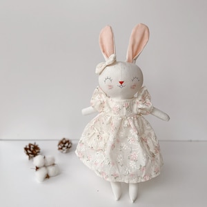 Princess Bunny Doll, White Floral Dress Handmade Rabbit Doll, Soft Doll Nature Linen Fabric, Stuffed Toy, Unique Art Doll, 33 cm (13 inches)