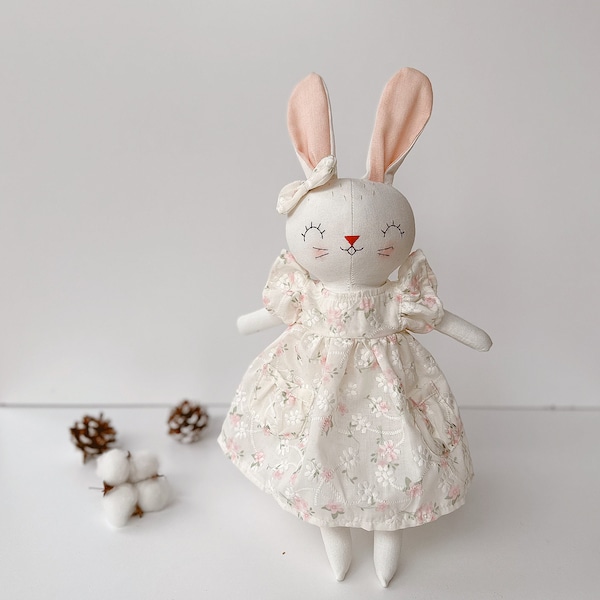 Princess Bunny Doll, White Floral Dress Handmade Rabbit Doll, Soft Doll Nature Linen Fabric, Stuffed Toy, Unique Art Doll, 33 cm (13 inches)