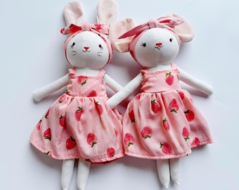 Bunny Dolll With Pink Strawberry Dress,  Heirloom Handmade Doll, Textile Doll, Doll Princess Dress, 33 cm (13 inches)