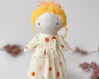 Fabric Girl Doll With Apple Dress, Sleeping Girl Linen Doll, Stuffed Heirloom Doll, Gifts For Children, Clothes Doll 33 cm (13 inches)