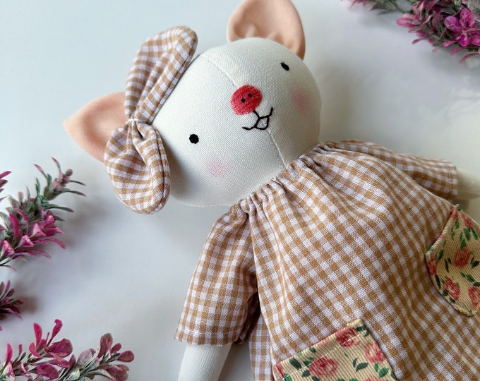 Handmade Linen Pig Doll With Dress, Soft Fabric Doll, Textile Doll, Personalized Birthday Gift For Kids, Heirloom Doll For Girls