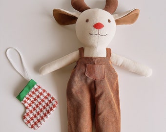 Deer Doll With Brown Overalls, Vintage Clothes Doll Design, Christmas Brithday Gifts For Kids- Linen Heirloom Stuffed Animal Doll