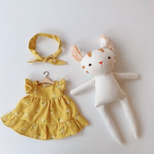 Cute Cat Doll, Kitty Doll With Yellow Sundress, Soft Doll Nature Linen Fabric, Handmade Stuffed Toy, Unique Art Doll, Doll Clothes For Girls image 5