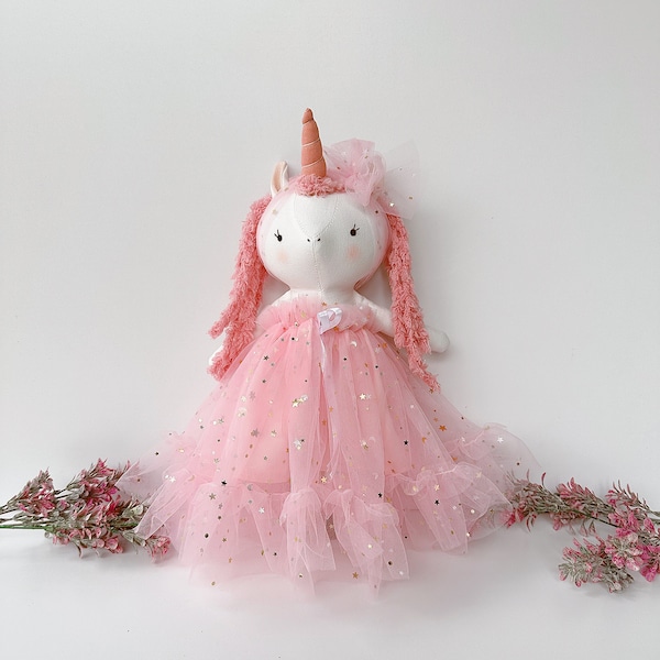 Unicorn Doll Customizable Doll, Heirloom Handmade Doll, Textile Doll, Personalized Birthday, Unicorn Princess Fabric Doll, Organic Cotton
