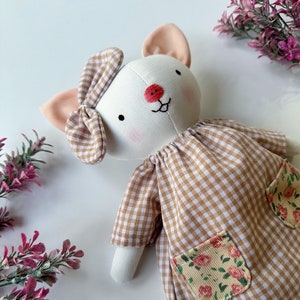 Handmade Linen Pig Doll With Dress, Soft Fabric Doll, Textile Doll, Personalized Birthday Gift For Kids, Heirloom Doll For Girls