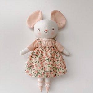 Mouse Doll, Fabric Rat Doll With Rose Dress, Soft Doll Nature Linen, Handmade Stuffed Animal Toy, Unique Art Doll, Cloth Doll image 1