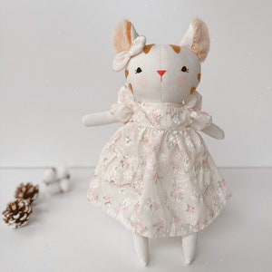 Princess Kitty Doll With Flowers Dress, Handmade Cat Doll, Soft Doll Nature Linen Fabric, Stuffed Toy, Unique Art Doll, Doll Clothes