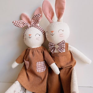 COUPLE BUNNY Doll, Linen Soft Fabric Doll, Heirloom Handmade Doll, Textile Doll, Rag Doll, Doll For Kids, Doll Clothes- Premium Linen Doll