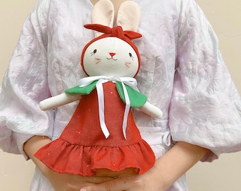 BIG SALE Handmade Fabric Doll, Christmas Bunny Linen Doll, Stuffed Heirloom Doll, Rag Doll, Gifts Birthday For Children, DRESS Bunny Doll