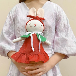 BIG SALE Handmade Fabric Doll, Christmas Bunny Linen Doll, Stuffed Heirloom Doll, Rag Doll, Gifts Birthday For Children, DRESS Bunny Doll
