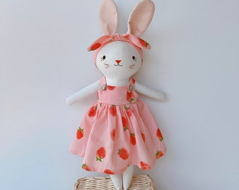 Bunny Dolll With Pink Strawberry Dress,  Heirloom Handmade Doll, Textile Doll, Doll Princess Dress, 33 cm (13 inches)