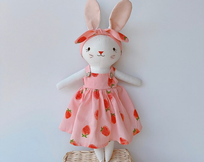 Bunny Dolll With Pink Strawberry Dress,  Heirloom Handmade Doll, Textile Doll, Doll Princess Dress, 33 cm (13 inches)