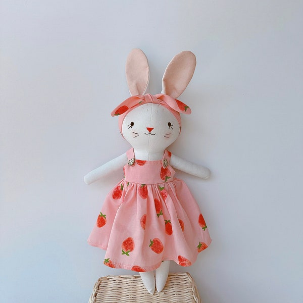 Bunny Dolll With Pink Strawberry Dress,  Heirloom Handmade Doll, Textile Doll, Doll Princess Dress, 33 cm (13 inches)