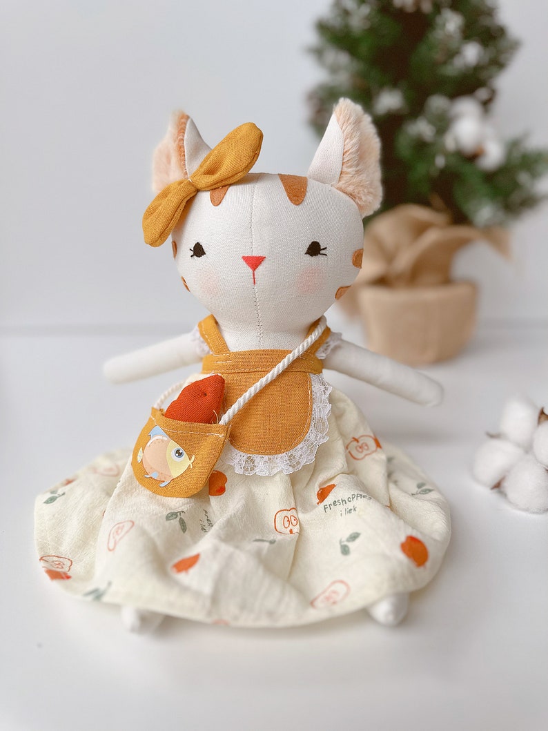 Handcrafted Cat Doll, Soft Doll Nature Linen Fabric, Handmade Stuffed Animal Toy, Unique Art Doll, Doll Clothes For Girls, Gift For Kids doll with clothes