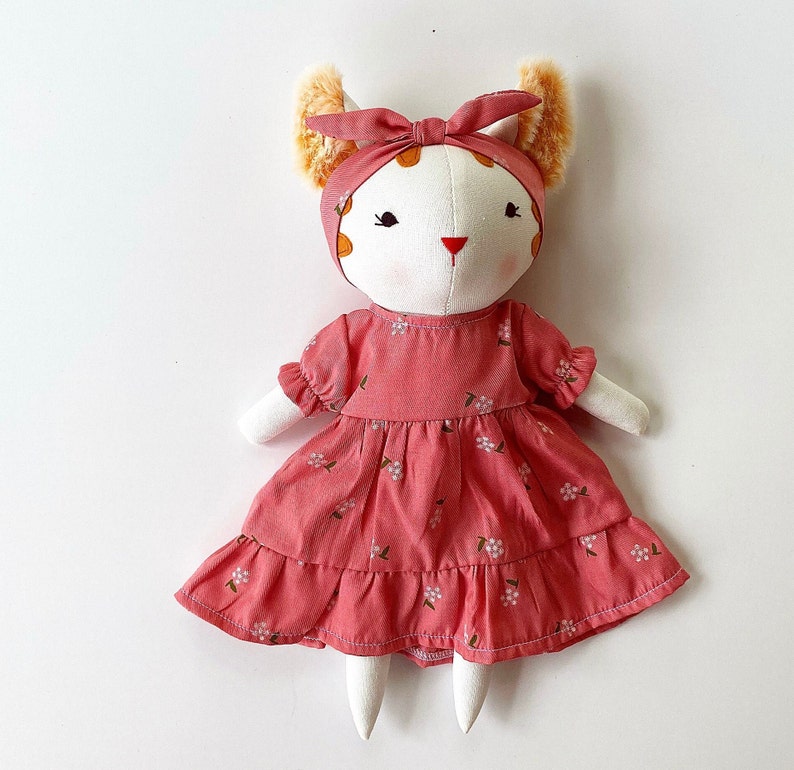 Kitty Doll With Pink Sundress, Soft Doll Linen Fabric, Stuffed Animal Toys And Clothes, Gift for Christmas, Christening, Birthday, Nursery image 1