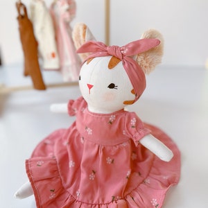 Kitty Doll With Pink Sundress, Soft Doll Linen Fabric, Stuffed Animal Toys And Clothes, Gift for Christmas, Christening, Birthday, Nursery image 4