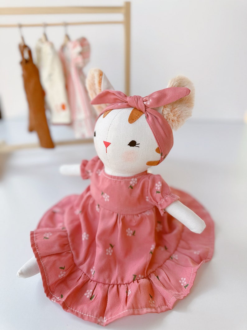 Kitty Doll With Pink Sundress, Soft Doll Linen Fabric, Stuffed Animal Toys And Clothes, Gift for Christmas, Christening, Birthday, Nursery image 4