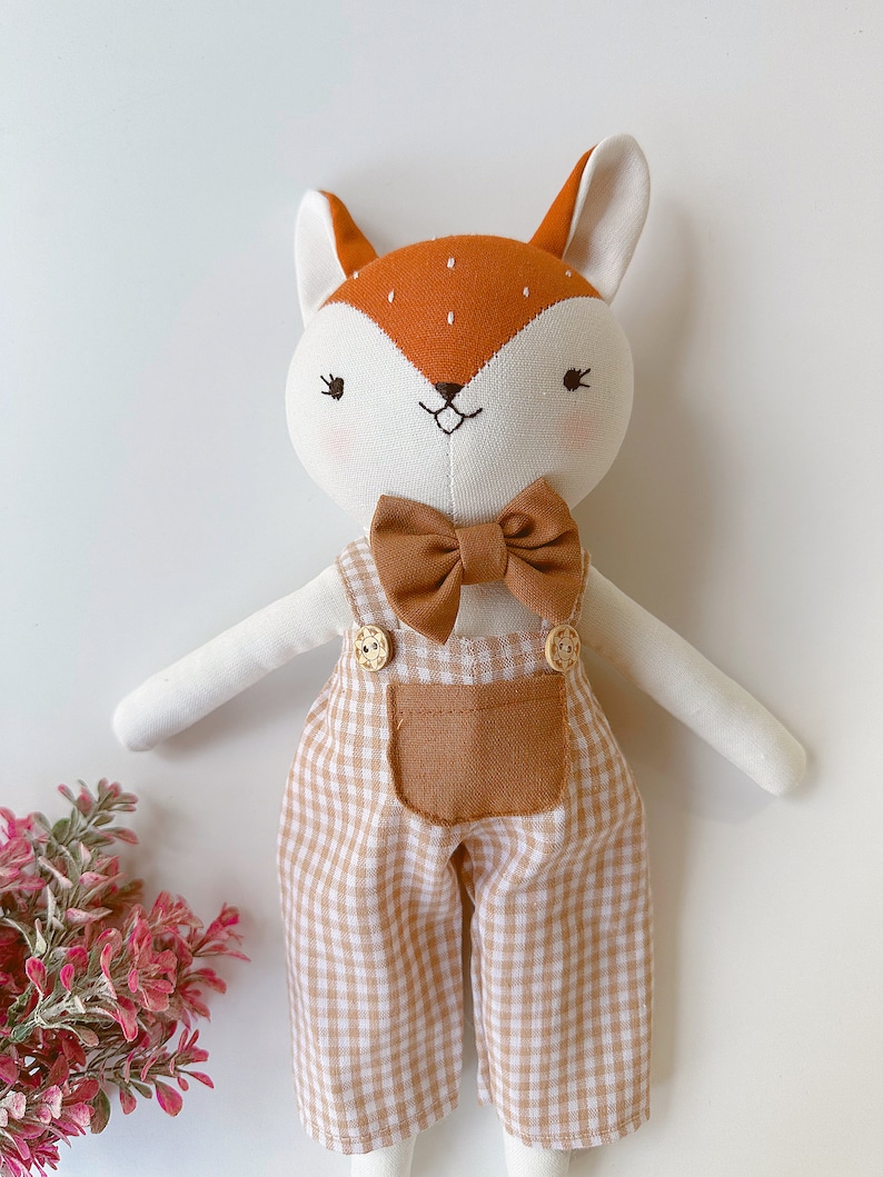 Fox Doll Animal Cloth Doll, Handmade Linen Doll, Stuffed Animal Toy For Woodland Nursery, Baby Shower, Fox Sewing Doll Doll With Outfit