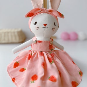 Bunny Dolll With Pink Strawberry Dress, Heirloom Handmade Doll, Textile Doll, Doll Princess Dress, 33 cm 13 inches image 4