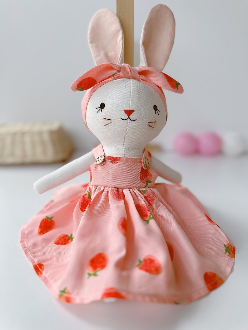 Bunny Dolll With Pink Strawberry Dress, Heirloom Handmade Doll, Textile Doll, Doll Princess Dress, 33 cm 13 inches image 4