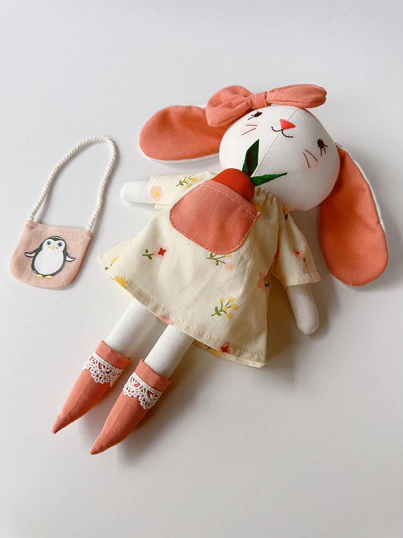 BIG SALE Handmade Fabric Doll, Sleeping Bunny Linen Doll With Carrot, Stuffed Heirloom Doll, Rag Doll, Gifts For Children, DRESS Bunny Doll image 4