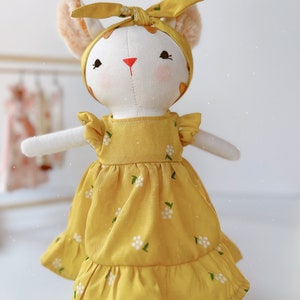 Cute Cat Doll, Kitty Doll With Yellow Sundress, Soft Doll Nature Linen Fabric, Handmade Stuffed Toy, Unique Art Doll, Doll Clothes For Girls image 3