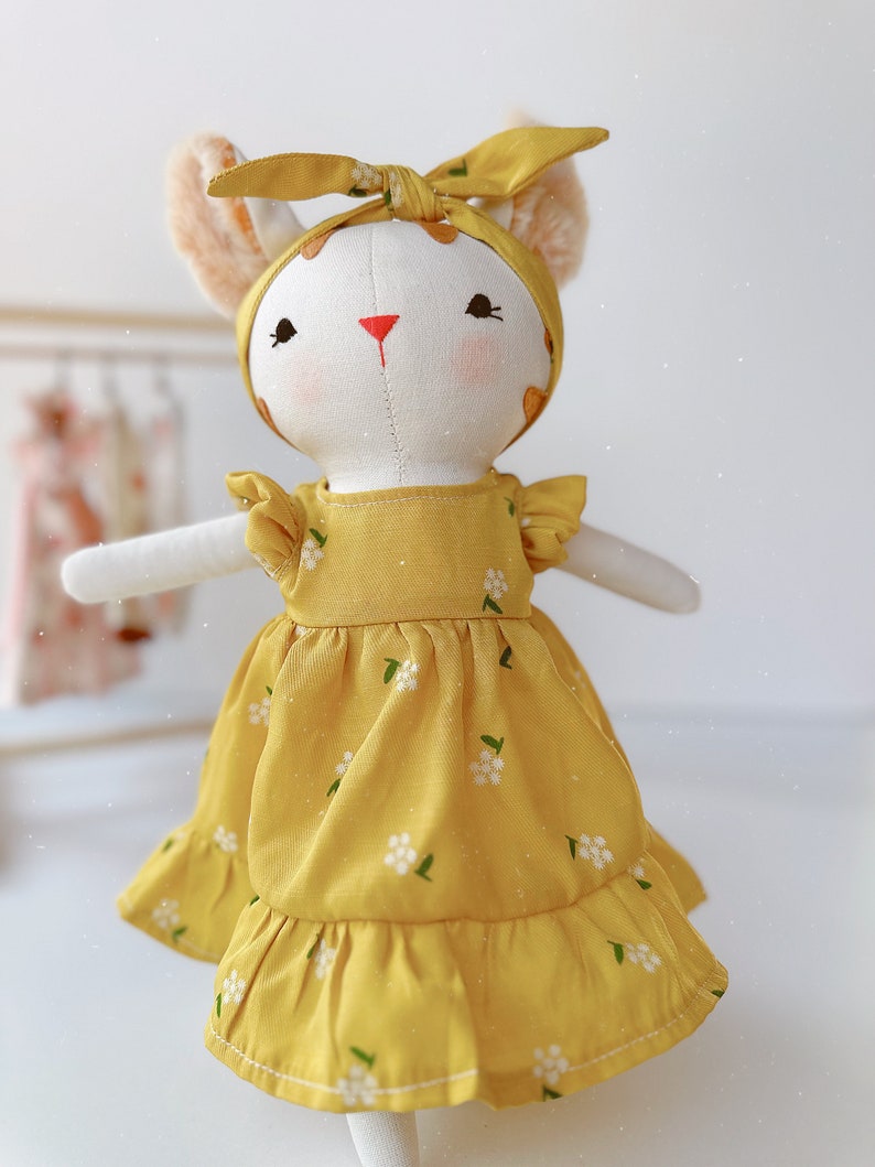 Cute Cat Doll, Kitty Doll With Yellow Sundress, Soft Doll Nature Linen Fabric, Handmade Stuffed Toy, Unique Art Doll, Doll Clothes For Girls image 3