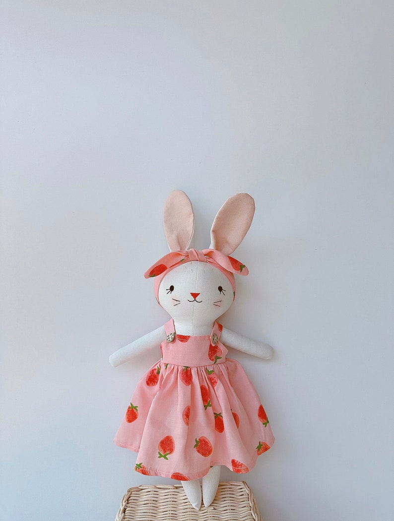 Bunny Dolll With Pink Strawberry Dress, Heirloom Handmade Doll, Textile Doll, Doll Princess Dress, 33 cm 13 inches image 1