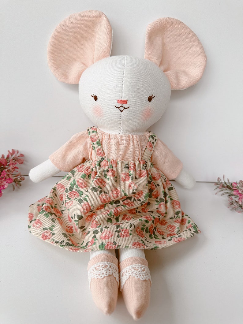 Mouse Doll, Fabric Rat Doll With Rose Dress, Soft Doll Nature Linen, Handmade Stuffed Animal Toy, Unique Art Doll, Cloth Doll image 8