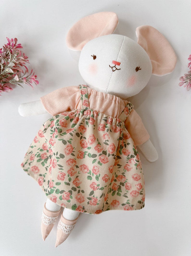 Mouse Doll, Fabric Rat Doll With Rose Dress, Soft Doll Nature Linen, Handmade Stuffed Animal Toy, Unique Art Doll, Cloth Doll image 9