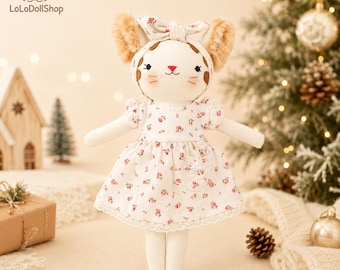 White Cat Doll With Luxury Ears, Kitty Doll With Pink Pajamas, Soft Doll Nature Linen Fabric, Baby Shower Gift, Nursery Decor, Heirloom Toy