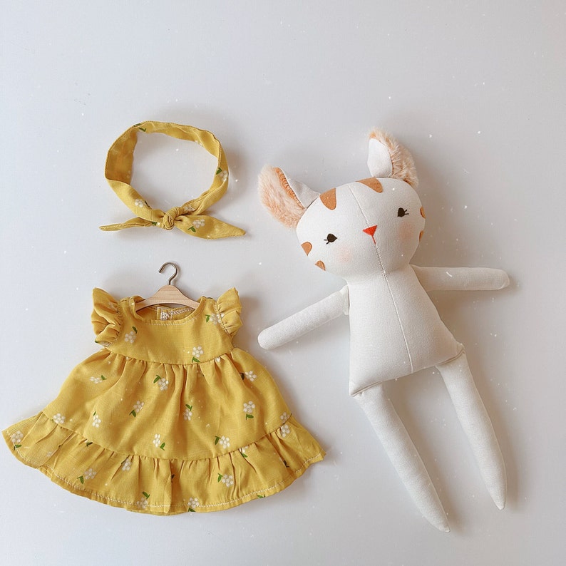 Cute Cat Doll, Kitty Doll With Yellow Sundress, Soft Doll Nature Linen Fabric, Handmade Stuffed Toy, Unique Art Doll, Doll Clothes For Girls image 5