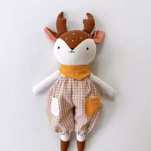 NEWEST Design Deer Doll Linen Heirloom, Stuffed Animal Doll Deer Doll With Overalls, Hand Embroidered Handmade Fabric Doll image 2