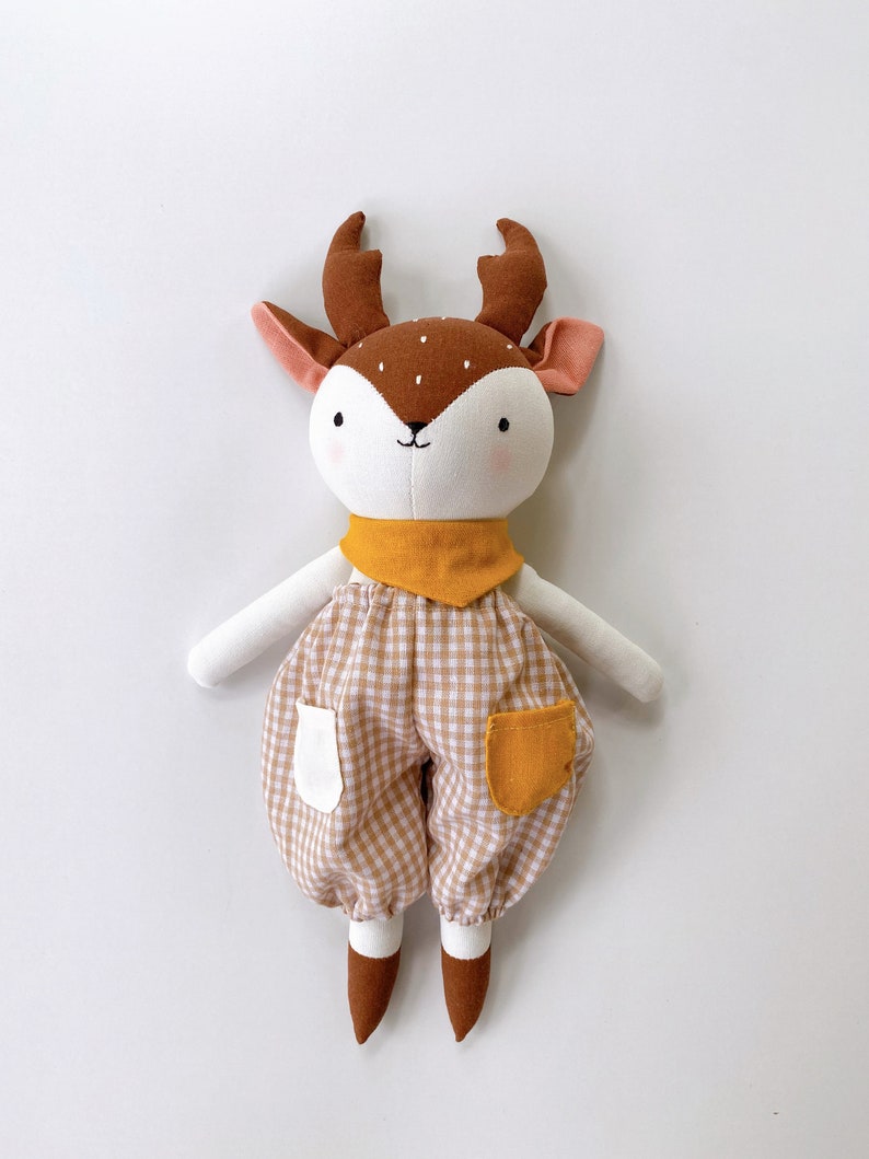 NEWEST Design Deer Doll Linen Heirloom, Stuffed Animal Doll Deer Doll With Overalls, Hand Embroidered Handmade Fabric Doll image 2