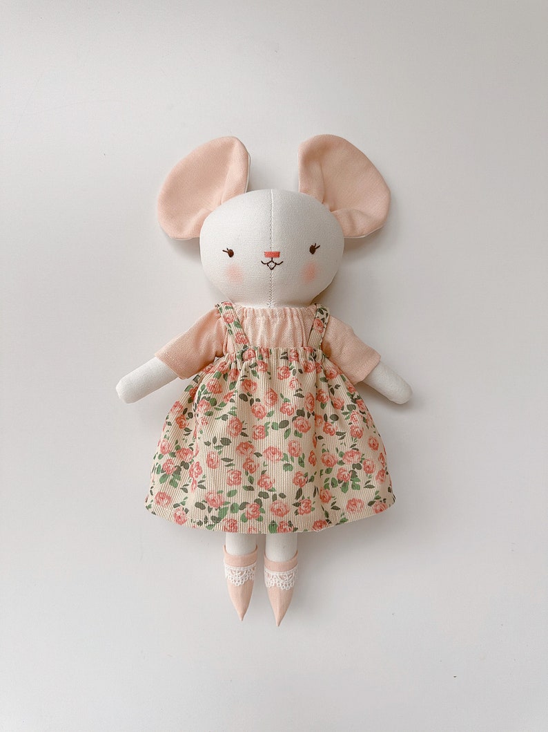 Mouse Doll, Fabric Rat Doll With Rose Dress, Soft Doll Nature Linen, Handmade Stuffed Animal Toy, Unique Art Doll, Cloth Doll image 1