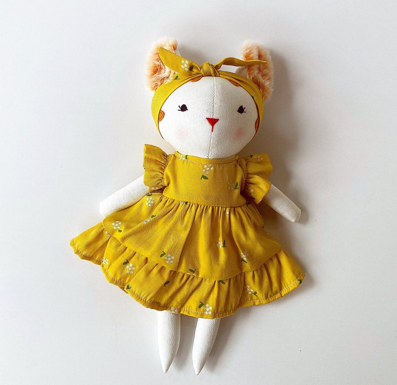 Cute Cat Doll, Kitty Doll With Yellow Sundress, Soft Doll Nature Linen Fabric, Handmade Stuffed Toy, Unique Art Doll, Doll Clothes For Girls image 1