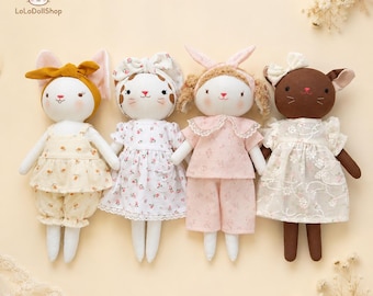 Set of 4 Animal Dolls, Handmade Cloth Sheep White Cat Black Cat Mouse Doll, Baby Keepsake, Heirloom Nursery Toy, Heirloom Toy