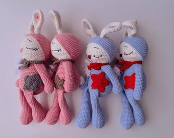 GROSSE POUPÉE - Poupée lapin endormi, peluche lapin lapin animal princesse fille en tricot, lapin fait main, poupée lapin au crochet