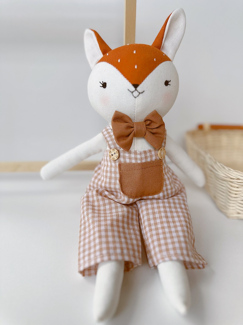 Fox Doll Animal Cloth Doll, Handmade Linen Doll, Stuffed Animal Toy For Woodland Nursery, Baby Shower, Fox Sewing Doll image 8