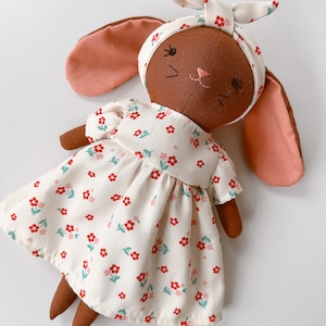 BROWN BUNNY DOLL, Handmade Fabric Doll, Sleeping Bunny Linen Doll With Flower Dress, Stuffed Heirloom Doll, Bunny Doll 33cm 13 inches image 4